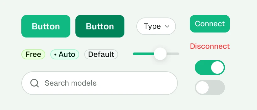 AntSeed components: buttons, badges, select, slider, search field and toggles