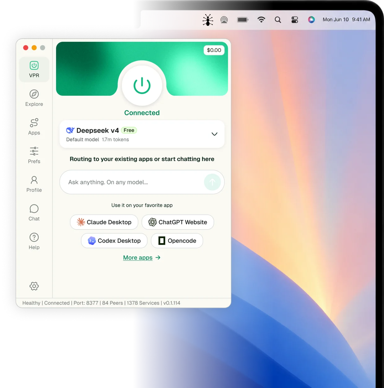 AntSeed VPR desktop app, connected state, on a macOS desktop
