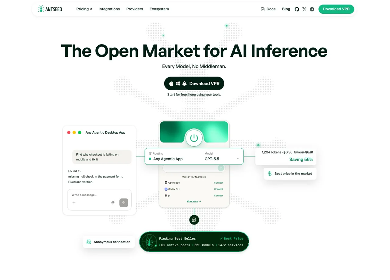 The antseed.com hero: one request routed across the open market