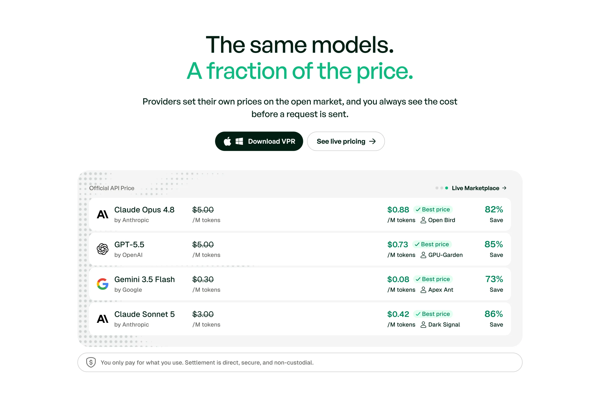 AntSeed site · pricing comparison table