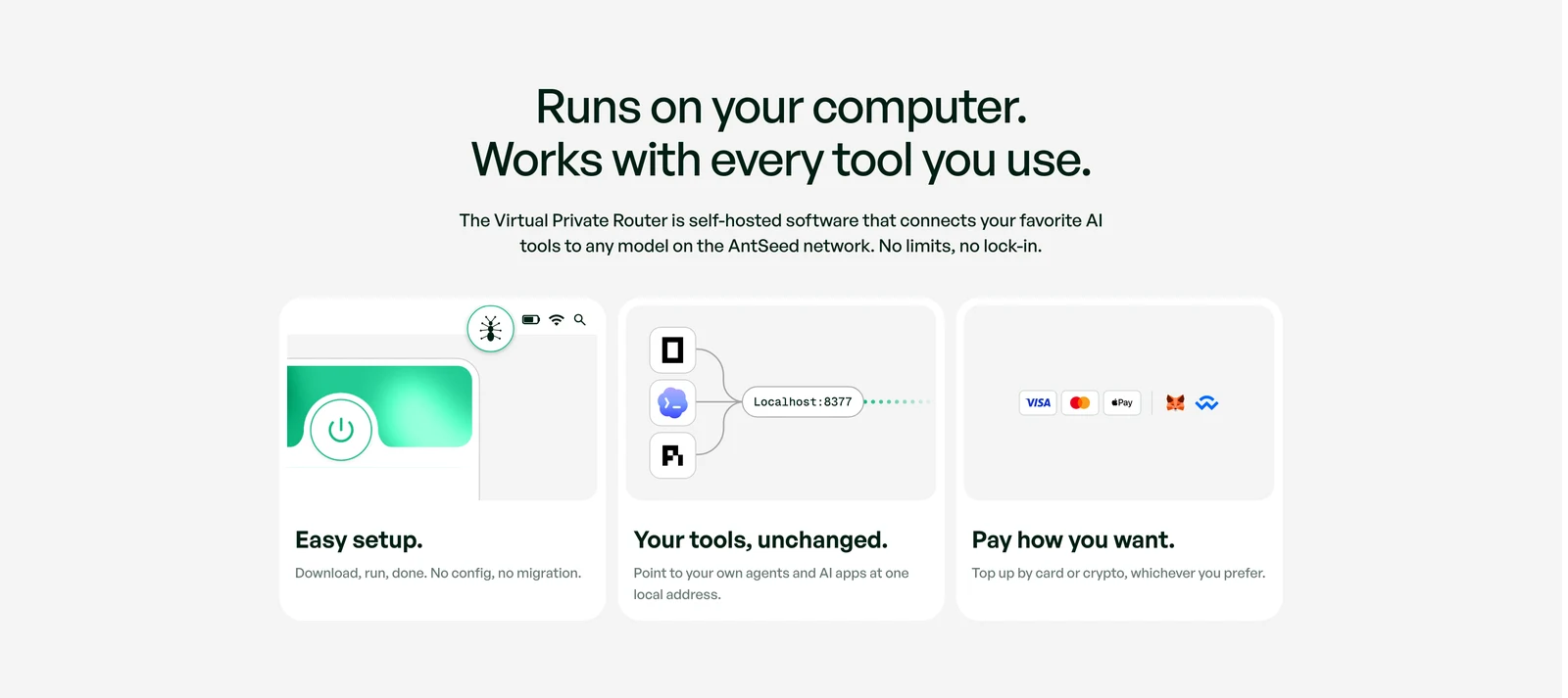 AntSeed site · runs on your computer, works with every tool