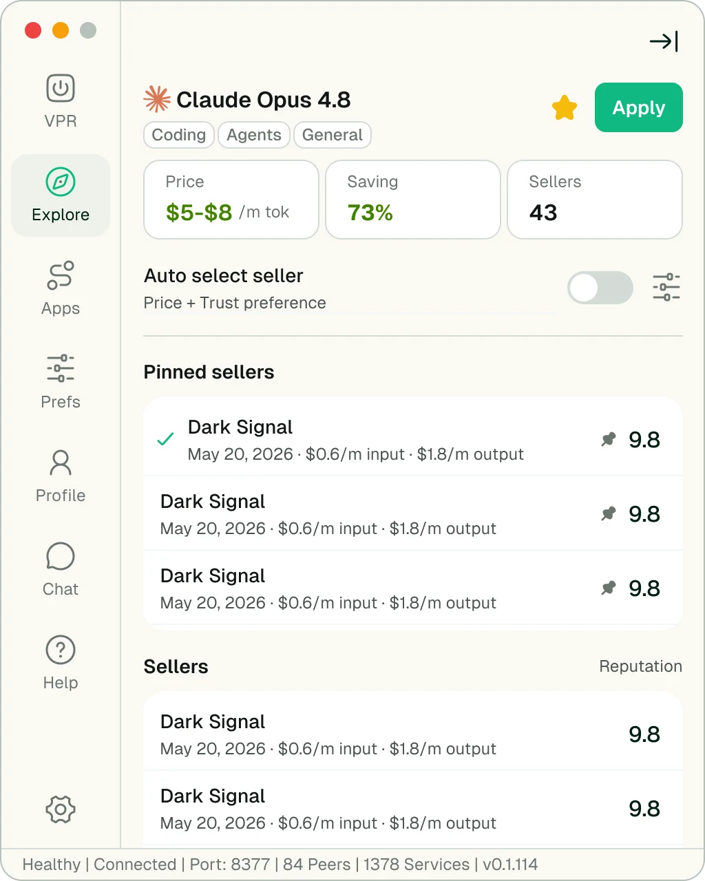 AntSeed VPR · model page with Auto select off and pinned sellers